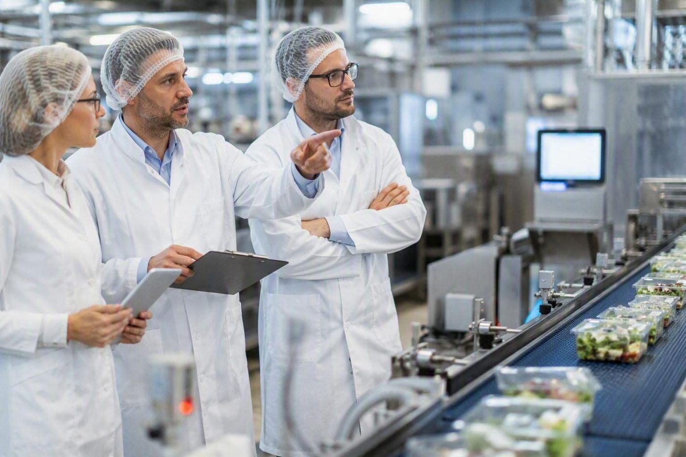 Food production team reviewing an inspection line (Minebea Intec)